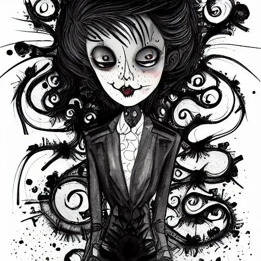 Image similar to a smug exclusivists, black ink line art and watercolor, intricate, digital painting, concept art, smooth, focus, rim light style tim burton