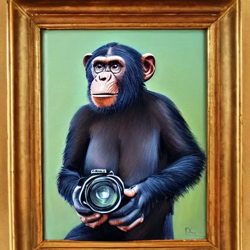 Prompt: Portrait of a Chimpanzee holding a camera in his hands, oil painting