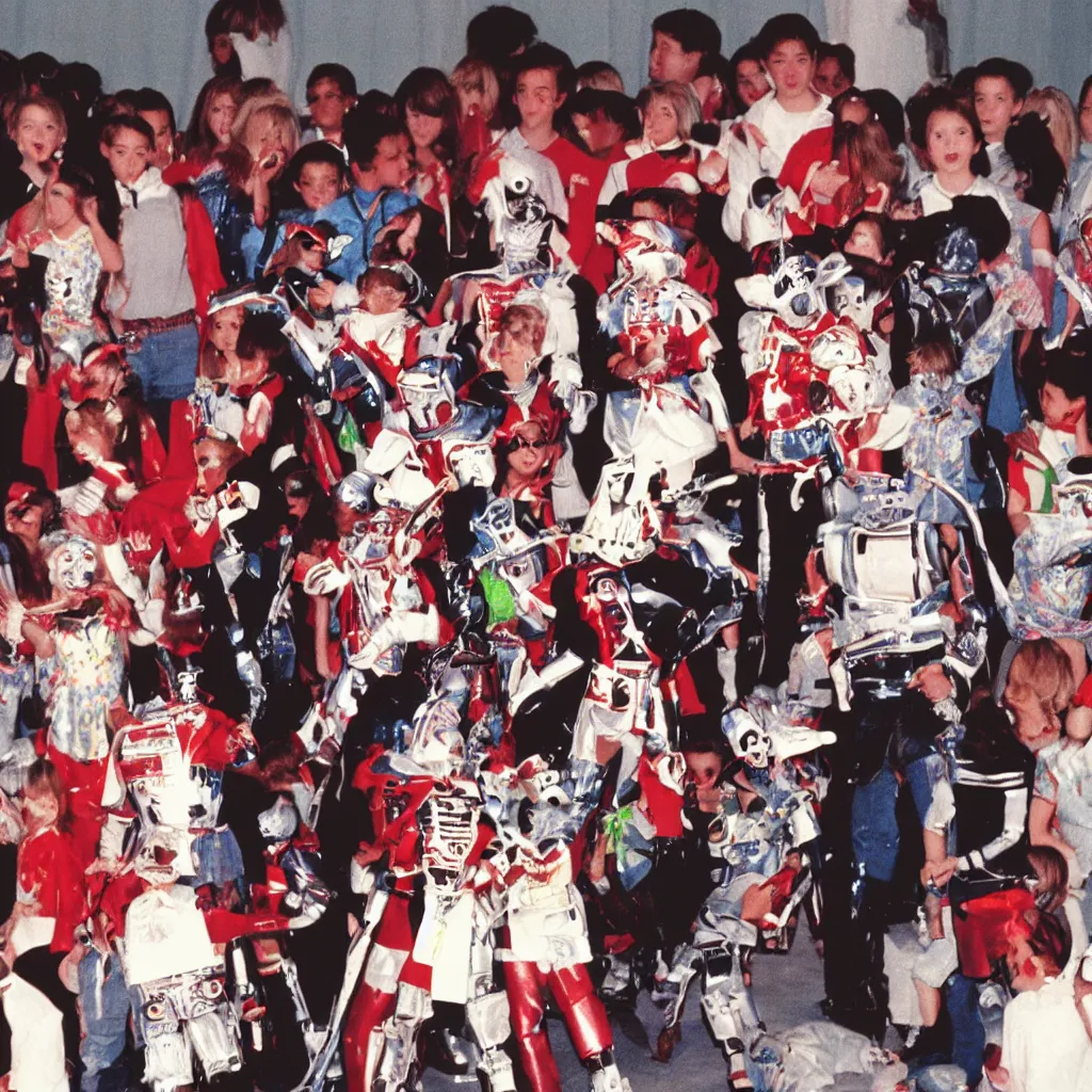 Prompt: 1990s candid photo of a middle school home coming dance with robot warrior rabbits , cinematic, UHD