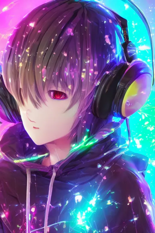 Prompt: portrait of an 3d anime character with cute sparkly eyes wearing a psychedelic holographic hoodie and headphones, long hair with pastel colors in the style of code vein by Kurumi Kobayashi Koichi Itakura, 3d anime, octane render, dynamic dramatic lighting, with glitch and chromatic abbreviations, artstation, cgsociety, imaginefx, by anime concept artist, rendered in unreal engine, by WENJR, WLOP, artgerm