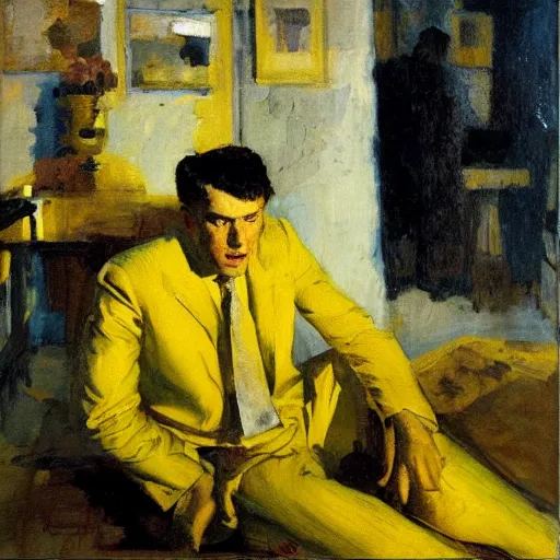 Prompt: man in yellow room, black suit, dean cornwell style