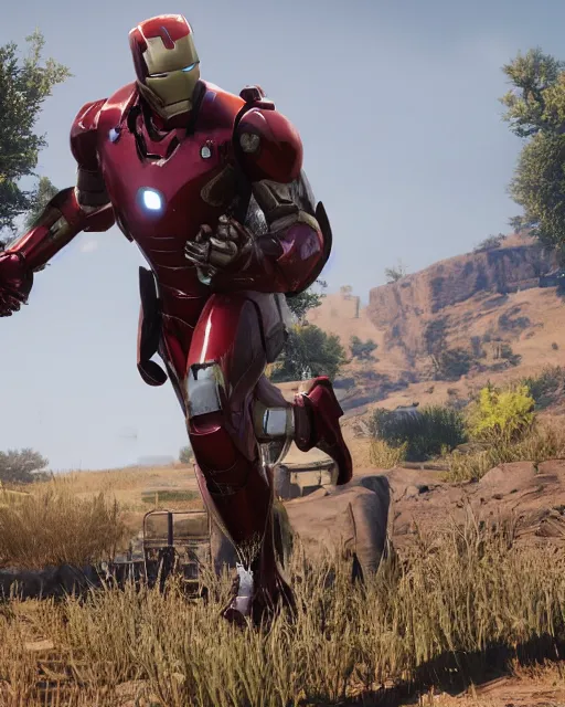 Image similar to robust bulky and sleek iron man suit in red dead redemption 2, cinematic, photorealistic