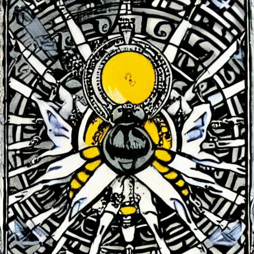 Image similar to a dark dangerous ritual spell with a bumblebee placed in the middle of a bloody bullseye at the center of the crosshairs of a gun, art nouveau, fantasy illustration, tarot