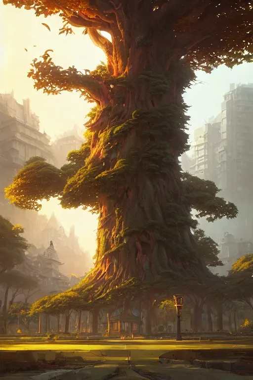 Image similar to a city built on a giant tree, unreal engine, fantasy art by greg rutkowski, loish, rhads, ferdinand knab, makoto shinkai and lois van baarle, ilya kuvshinov, rossdraws, tom bagshaw, global illumination, radiant light, detailed and intricate environment