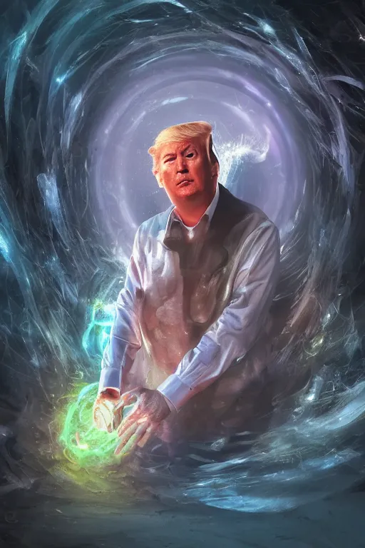 Image similar to portrait of trump drinking ayahuasca in a wormhole, by pablo amaringo, dramatic lighting, concept art, artstation