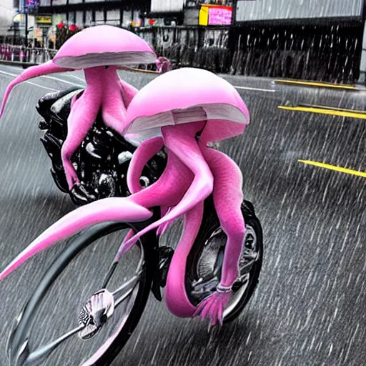 Prompt: hyper realistic, photo, humanoid pink female Squid creatures riding a motorcycle fast in the rainy city traffic