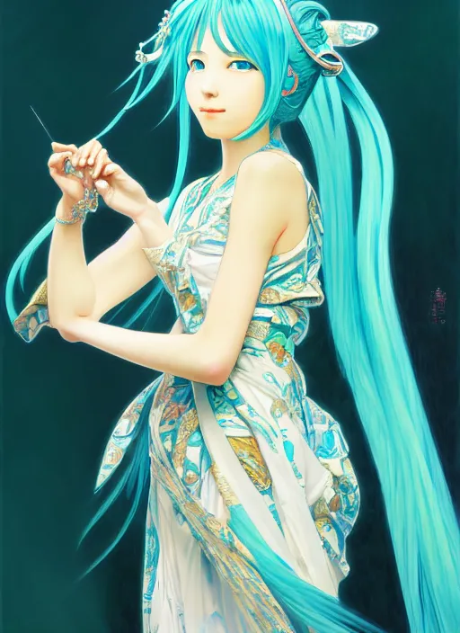 Image similar to oil portrait of hatsune miku, intricate, elegant, highly detailed, lighting, painting, artstation, smooth, illustration, art by greg rutowski and alphonse mucha