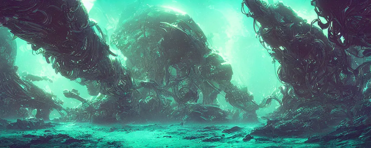 Image similar to ” underwater alien landscape, [ dark, lightshafts, cinematic, detailed, epic, widescreen, opening, establishing, mattepainting, photorealistic, realistic textures, octane render, art by slop and paul lehr ] ”