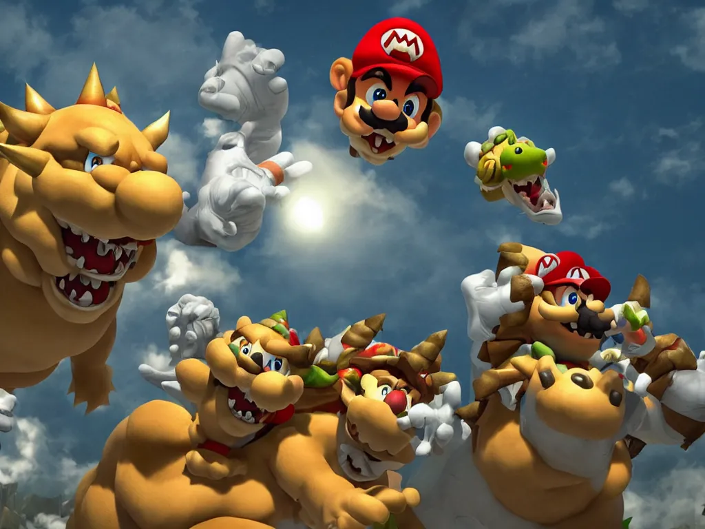 Prompt: Bowser roaring into the sky, standing upright, talons, horns, super Mario, highly detailed, unreal 5, moody atmosphere