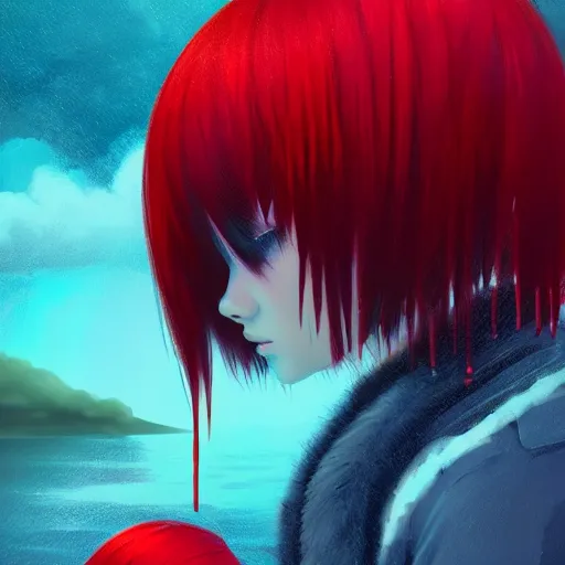 Prompt: red water dripping on rimuru tempest crying, enveloped in crimson trails, sky blue straight hair, bangs, with amber eyes, black jacket, high collar, ultra fine detaile, dark theme, digital painting, psychedelic, cinematic, wlop, pixiv, ilya kuvshinov, ross tran