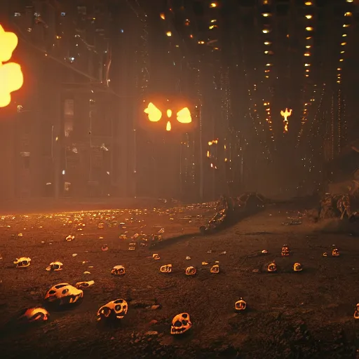 Prompt: ! dream hundreds of glowing skulls floating over the ground of a post - apocalyptic city, dark, horror, high detail, cinematic lighting, unreal engine