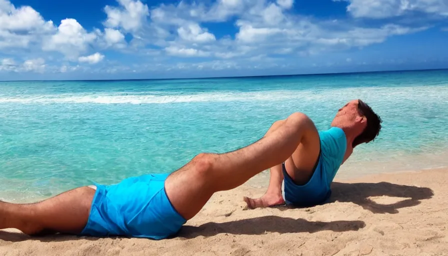 Image similar to first person view from a man lounging on a beautiful tropical beach with a stunning turquoise ocean in the background. his legs stretch out in front of the camera, photorealistic