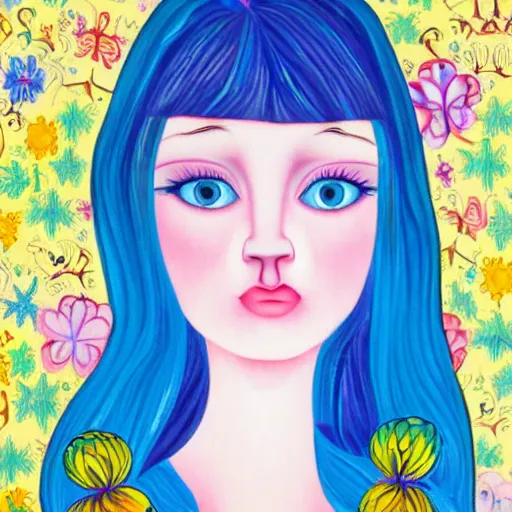 Prompt: beautiful young scottish woman with pale skin and blue eyes by lisa frank