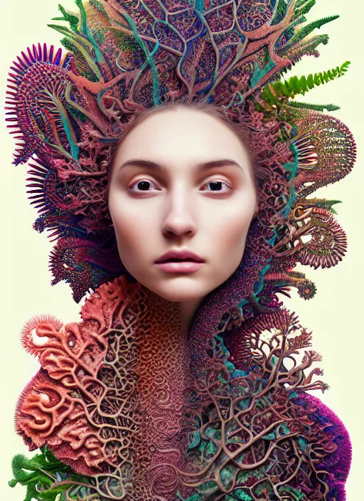 Prompt: ridiculously beautiful young womans face in full color, layers of intricate swirling fractals of 3 d coral and fern skin, blooming, portals into dimensions, coral, birds, symmetrical, in the style of ernst haeckel, effervescent, sacred geometry, surrealism, photo realistic, epic and cinematic, 3 d, clear, sharp,