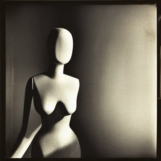 Image similar to an uncanny photograph of a mannequin with a wide smile in a dimly lit abandoned warehouse, creepy, liminal, flash photography, polaroid i-Type film