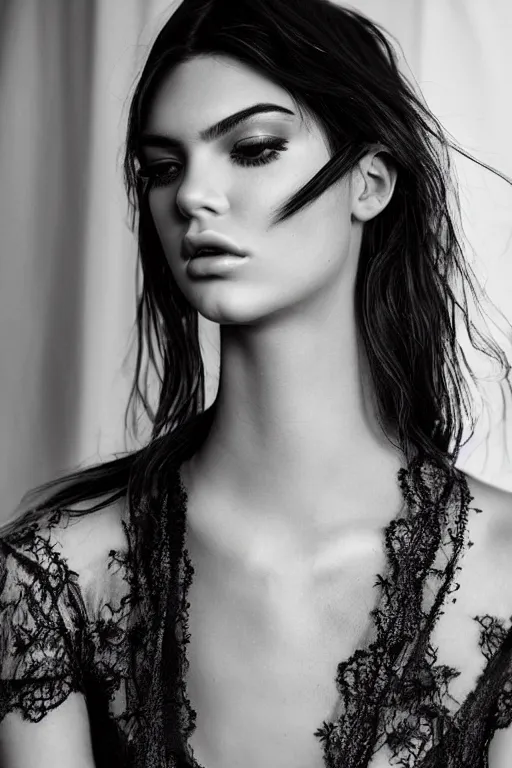 Image similar to emotionnal shot. fragile shy woman looking like Kendall Jenner with sheer dress with plunging neckline and lace sleeves. award-winning fashion photography. intimate and vulnerable lighting. 130mm bw fashion photography .