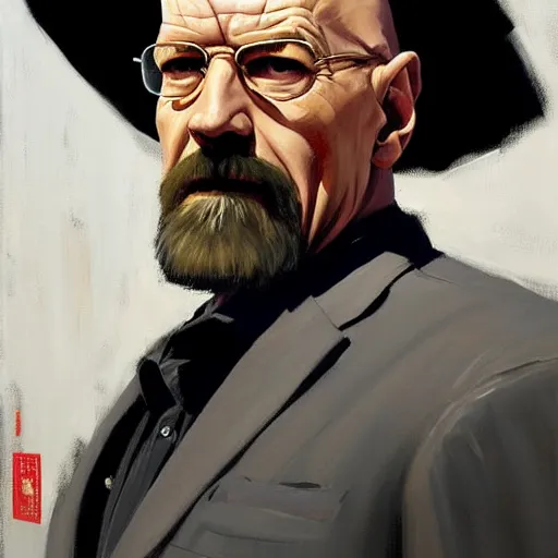 Image similar to Greg Manchess portrait painting of Walther White from breaking bad as Overwatch character, medium shot, asymmetrical, profile picture, Organic Painting, sunny day, Matte Painting, bold shapes, hard edges, street art, trending on artstation, by Huang Guangjian and Gil Elvgren and Sachin Teng