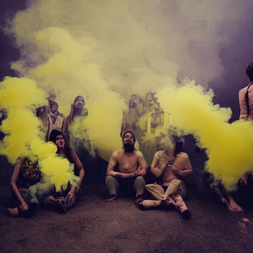 Prompt: a group of people breathing in yellow smoke, floating, possessed, euphoric, surreal, dreamy