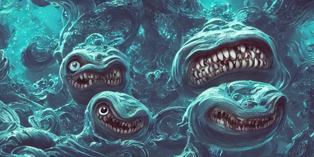 Image similar to of an intricate deep sea with strange cute friendly happy creatures with huge eyes, long tongue, round teeth and goofy funny face, appearing from the background, in the style of gehry and gaudi, macro lens, shallow depth of field, ultra detailed, digital painting, trending artstation, concept art, illustration, cinematic lighting, photorealism, epic, octane render