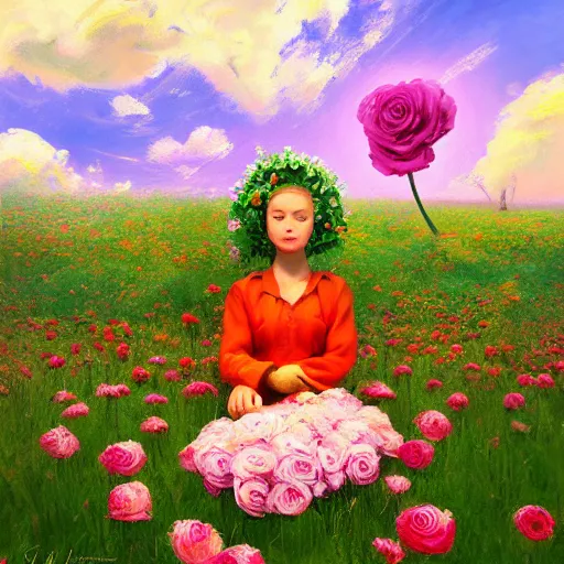 Image similar to giant rose flower head, girl sitting in a flower field, surreal photography, sunrise, dramatic light, impressionist painting, colorful clouds, digital painting, artstation, simon stalenhag