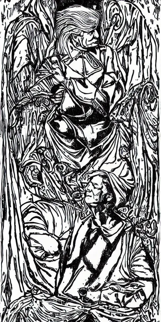 Image similar to Donald trump as the Fool Tarot, black and white drawing, highly detailed