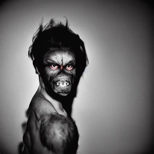 Image similar to a human transforming into a werewolf, studio medium format photograph