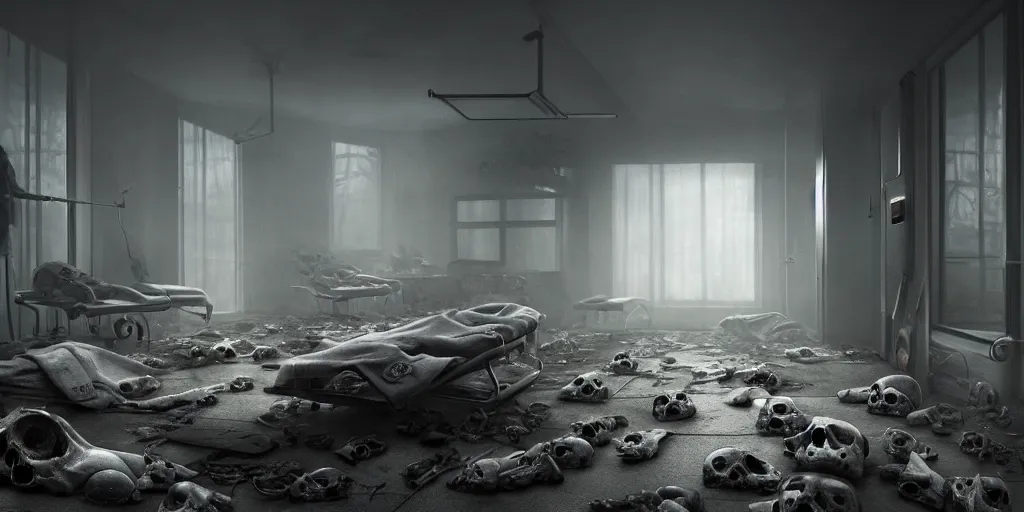Image similar to a hospital room filled with iron lungs, skulls litter the ground, 1 6 k, photorealistic, cinematic composition, movie concept art, cinematic composition 8 k, intricate detail, high detail, hd, octane render, unreal engine, v - ray, cinematic lighting, octane, volumetric lighting, dark moody lighting, atmosphere, mist, fog, matte painting, extreme long shot