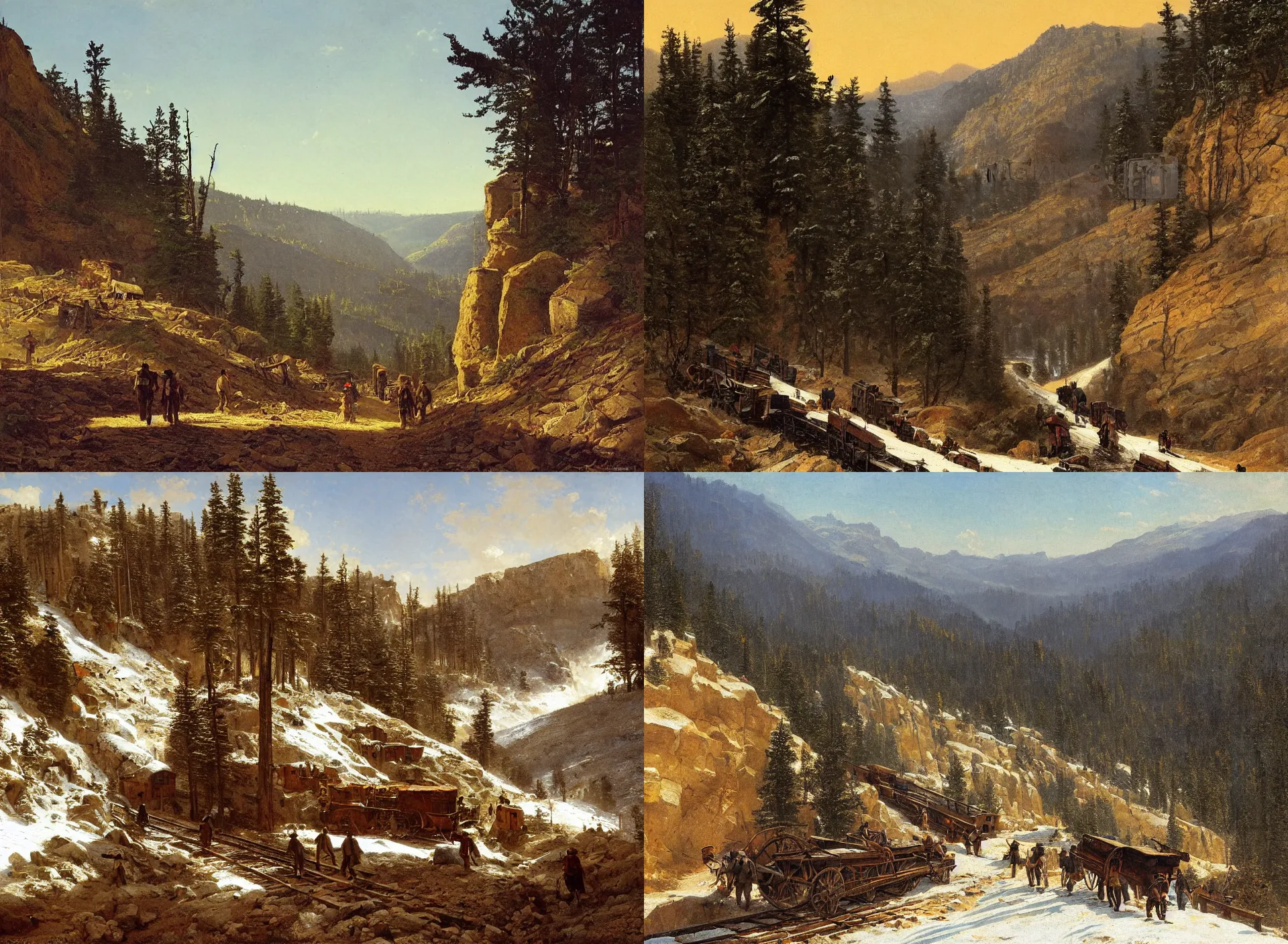 Prompt: miners walking through a mountain pass, a mine cart sits on tracks behind them, steep cliffs, dusting of snow, pine forest, rail tracks, mine cart, golden hour albert bierdstadt