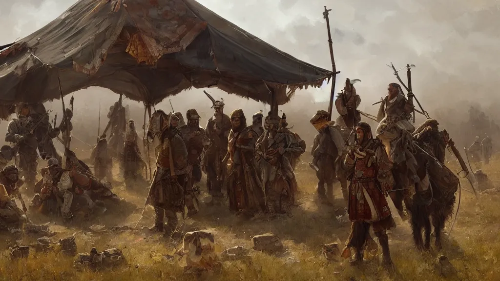 Image similar to armed group of turkic people talking inside of an ornate tent out in the steppes, papyrus, dark colors, watercolored, jakub rozalski, dieselpunk, artstation