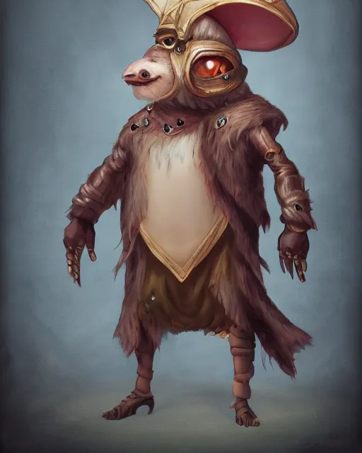 Image similar to High Fantasy whimsical portrait painting of a wise anthropomorphic humanoid mole with a human shaped body, leg high, wearing fantasy formal clothing, wearing fantasy clothing, cgsociety, trending on artstation, dnd