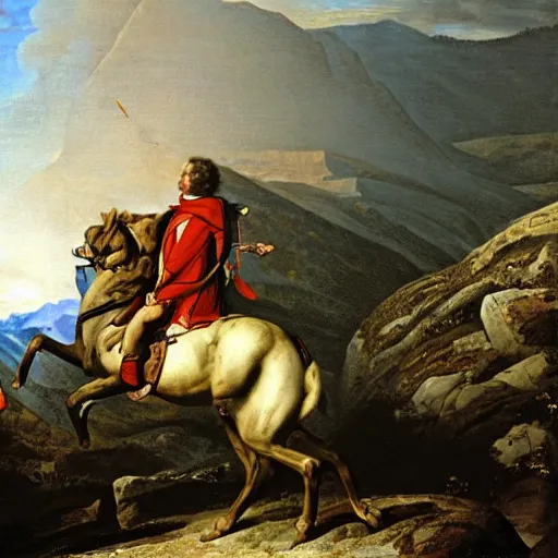 Image similar to benjamin netanyahu crossing the alps, oil painting by jacques - louis david