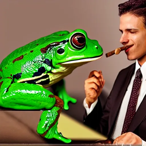 Image similar to a frog 🐸 wearing a suit smoking a cigar