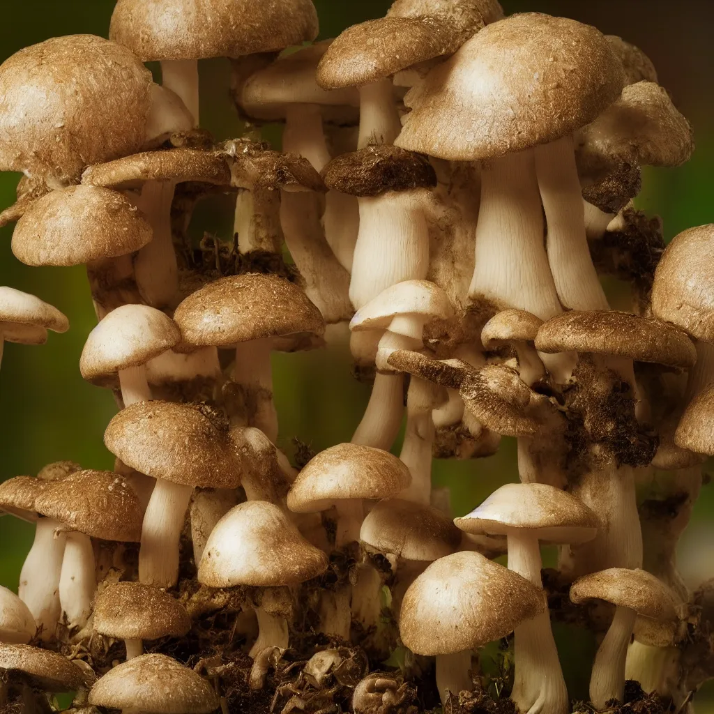Prompt: very close macro photo of mushroom growing in a spheroid forest, 3d render, dim nightlight Study, by Jan Davidsz de Heem and ruan jia, 8k, extreme detail, sharp focus, cinema 4d render