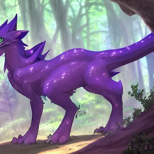 Image similar to concept art painting of a purple anime furry anthro dragon, in the deep forest, realistic, detailed, cel shaded, in the style of makoto shinkai and greg rutkowski and james gurney
