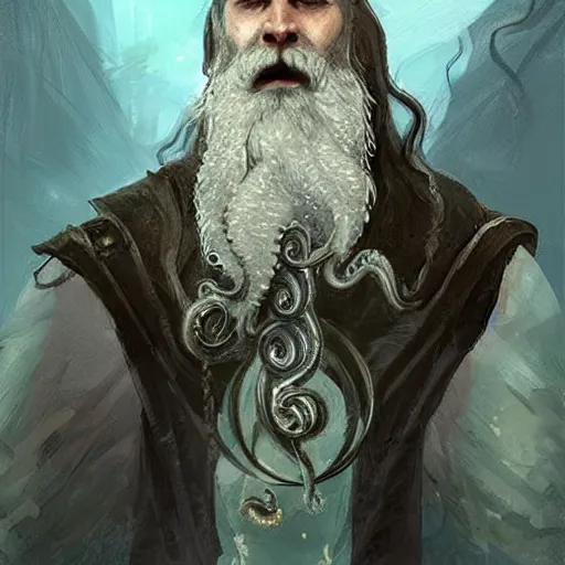 Prompt: A portrait of a cleric of Cthulu with short dark hair and a trimmed beard, he wears a cubic sandstone pendant around his neck, as dark magic emanates from his necklace tentacles spur from the water, digital art by Ruan Jia