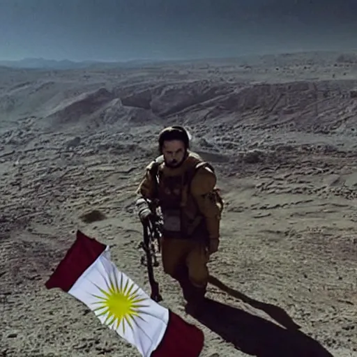 Image similar to kurdish astronaut holding a kurdistan flag in a movie directed by christopher nolan, movie still frame, promotional image, imax 7 0 mm footage