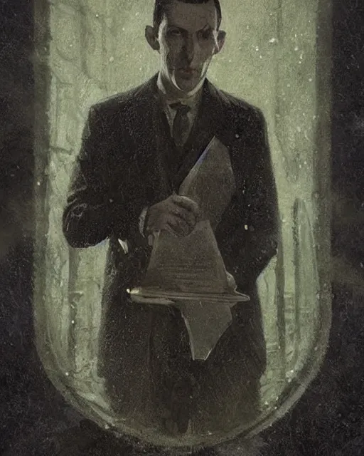 Prompt: portrait of a 1 9 2 0 s h p lovecraft with a miniature cthulhu perched on his shoulder, scholarly appearance, detailed face, 2 0 th century, highly detailed, cinematic lighting, digital art painting by greg rutkowski