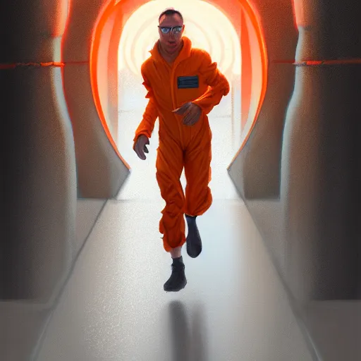 Image similar to commission portrait of a man in an orange jumpsuit,running away from smoke in a laboratory.,character design by charles bowater,greg rutkowski,ross tran,hyperdetailed,hyperrealistic,4k,deviantart,artstation,professional photography,concept art