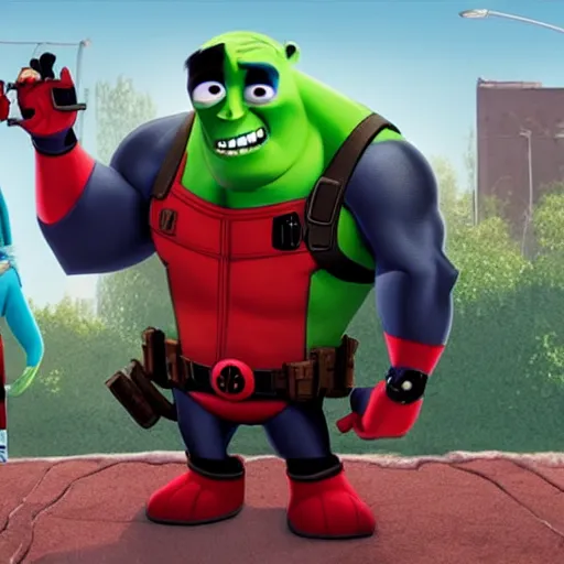 Prompt: Deadpool As seen in Pixar animated movie Monsters Inc. 4K quality super realistic