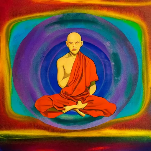Prompt: an abstract painting that captivates the viewer, illusions, beautiful, fantasy, meditation. A monk meditates in the center to unlock his full potential