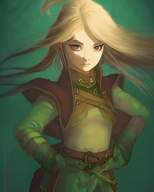 Image similar to DnD character art of rhiannon by hayao miyazaki, digital illustration, green and gold and brown palette, cinematic lighting