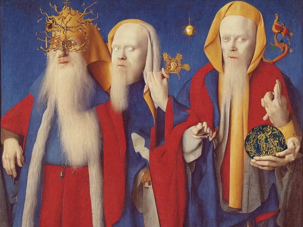 Prompt: Portrait of albino mystic with blue eyes, with Christian Orthodox icon. Painting by Jan van Eyck, Audubon, Rene Magritte, Agnes Pelton, Max Ernst, Walton Ford