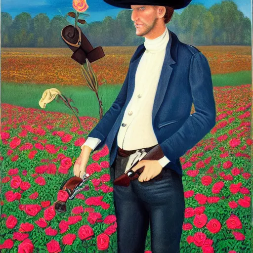 Image similar to a painting of a tall man with blue eyes that is wearing a wide brim hat and a leather vest. He has no facial hair. He is holding a revolver in his left hand and a rose is in his right hand. He is standing in a field of roses.