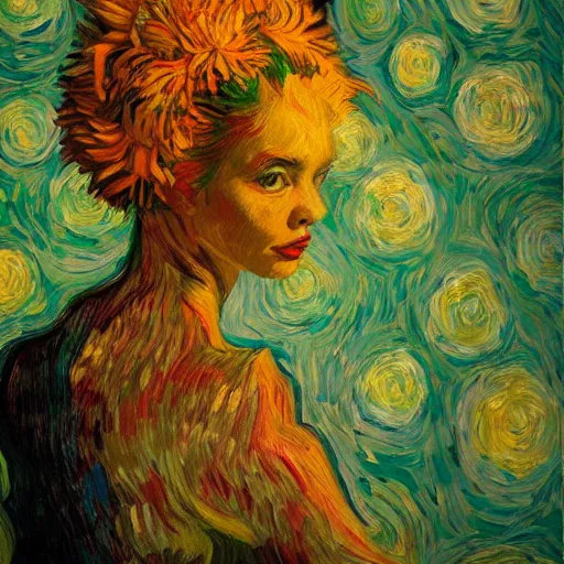 Prompt: giant flower head, woman in a luxury apartment, surreal, dramatic light, impressionist painting, digital painting, artstation, van gogh