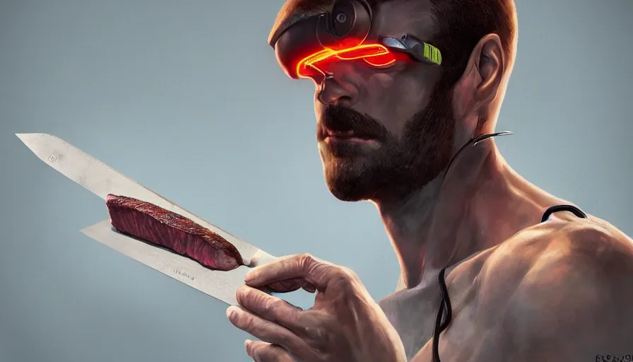 Prompt: homelander cutting a piece of steak with lazers coming from his eyes, hyperdetailed, artstation, cgsociety, 8 k