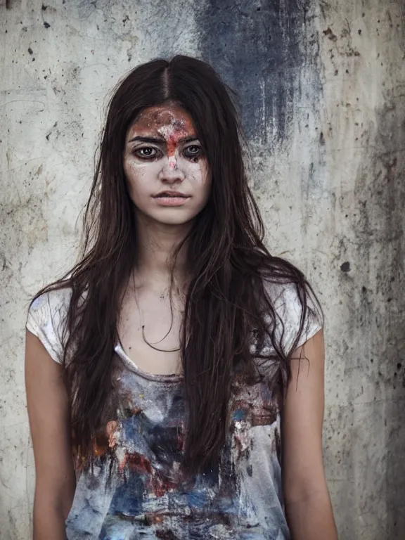 Prompt: hyperdetailed photo of a beautiful italian girl, brown eyes, dark hair, painting on face, skin, winds of winter, with plain ripped crop t - shirt, fine - face, pretty face