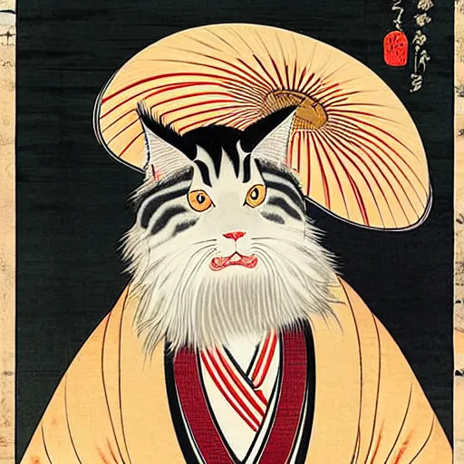 Image similar to beautiful portrait ukiyo - e painting of an ginger maine coon with white beard by kano hideyori, kano tan'yu, kaigetsudo ando, miyagawa choshun, okumura masanobu, kitagawa utamaro