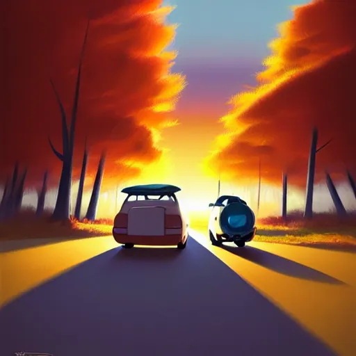 Image similar to goro fujita ilustration rear view of a car equipped with suitcases heading to the forest at sunset, painting by goro fujita, sharp focus, highly detailed, artstation