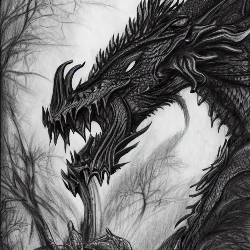 Prompt: a pencil sketch of a dragon breathing fire, forest background, highly detailed, cinematic shot, intricate, 8 k