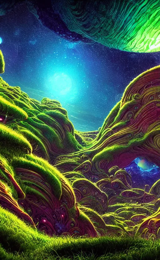 Prompt: an amazing alien landscape with lush vegetation and colourful galaxy foreground, digital art, breathtaking, golden ratio, extremely detailed, hyper - detailed, establishing shot, hyperrealistic, cinematic lighting, particles, unreal engine, rendered by makoto shinkai, syd meade, kentaro miura, jean giraud, environment concept, artstation, octane render, 8 k uhd image